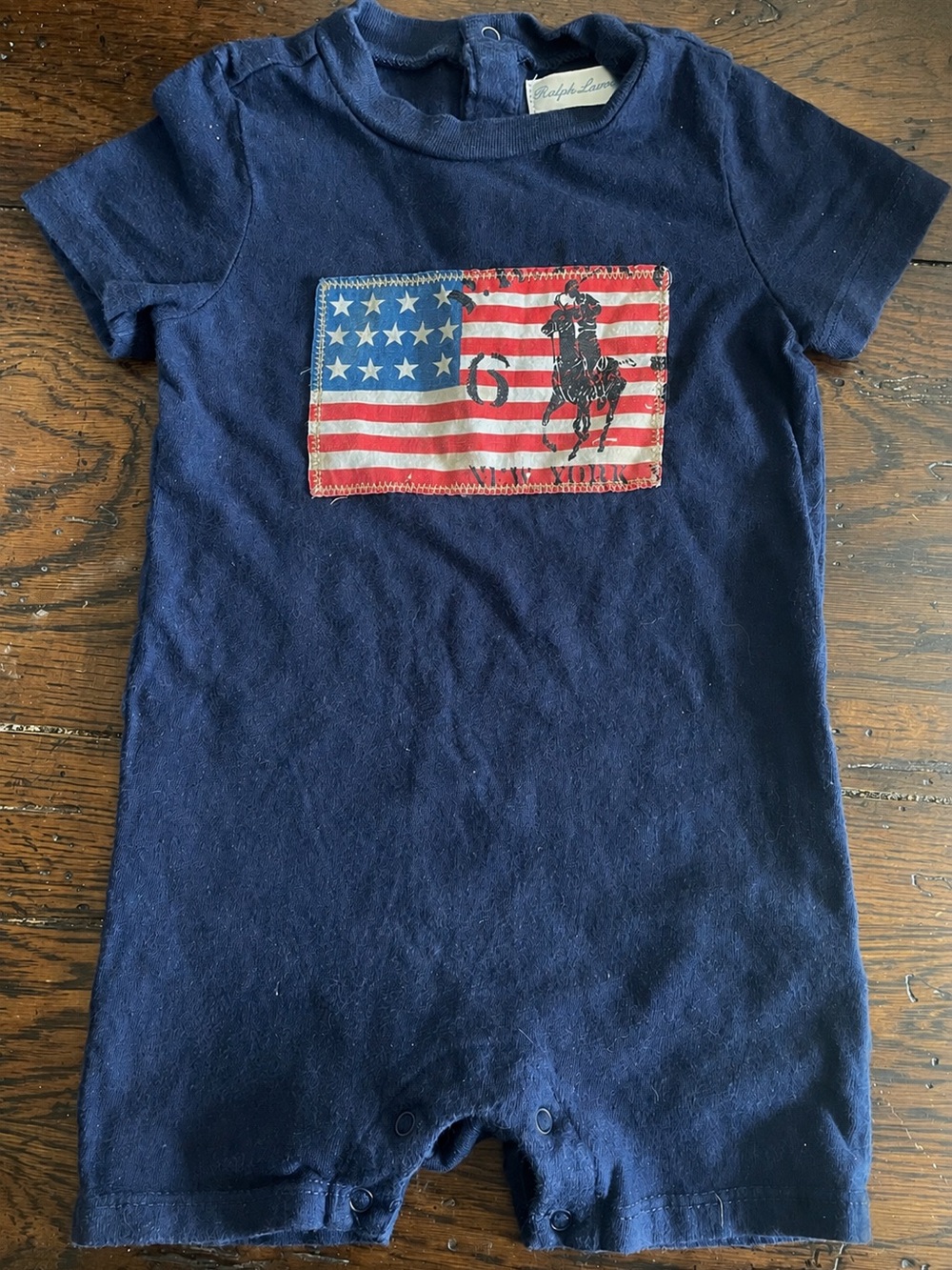Ralph Lauren Baby 9M Navy Flag Polo Pony Short Sleeve Romper One Piece Cotton